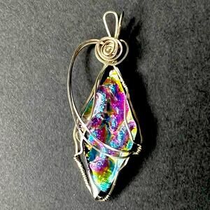 Artisan Made Dichroic Art Glass Wire Wrapped Pendant 925 Sterling Silver